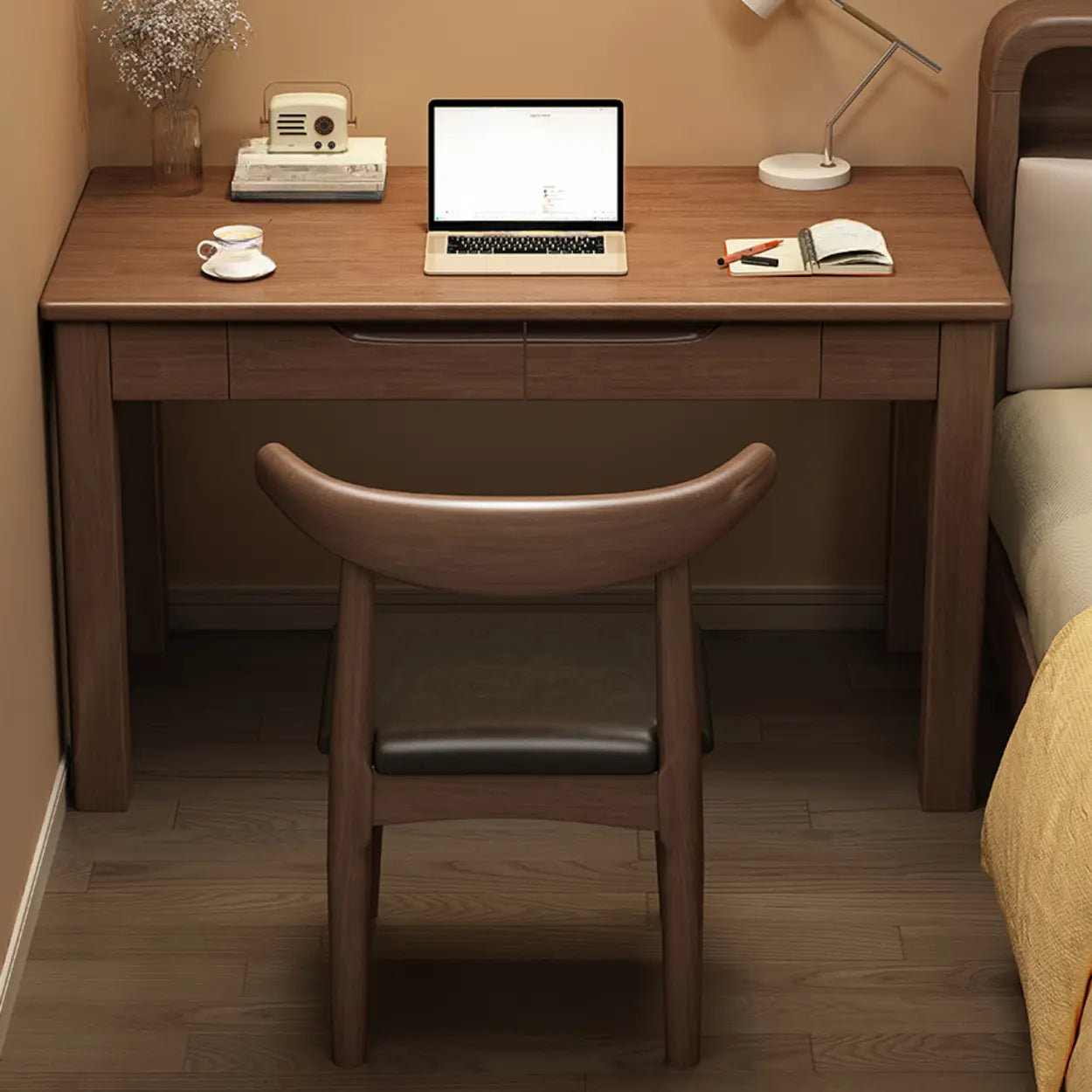 Compact Brown Wood Butcher Block Writing Desk with Drawers