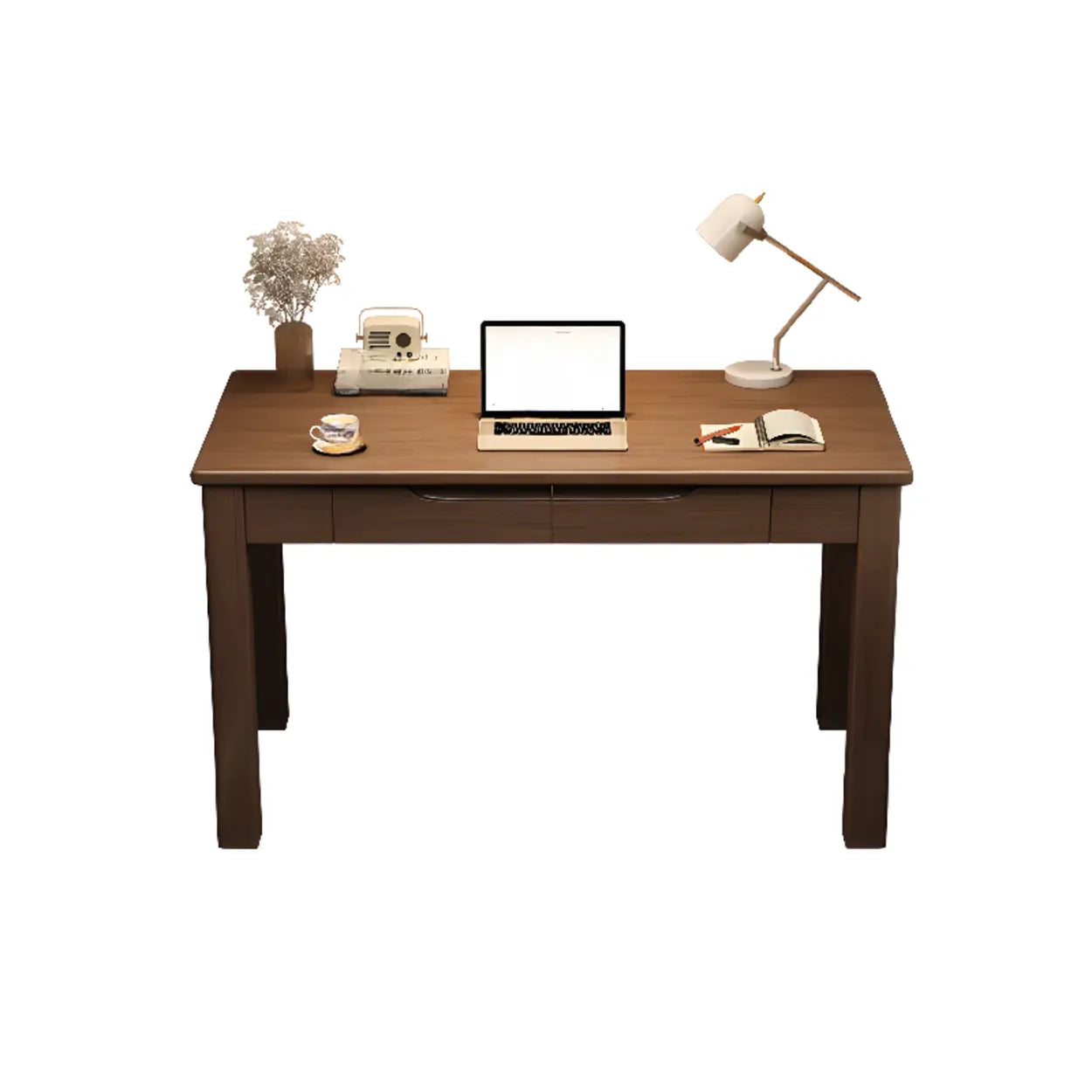 Compact Brown Wood Butcher Block Writing Desk with Drawers — White / Table Only