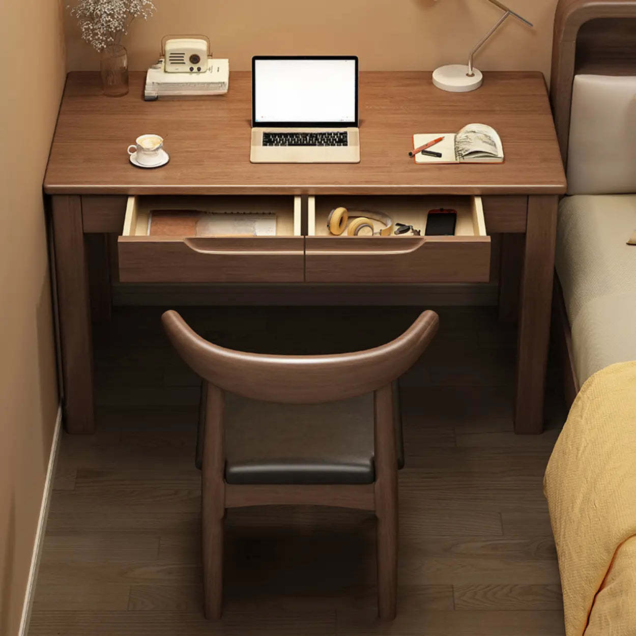 Compact Brown Wood Butcher Block Writing Desk with Drawers — Natural Finish / Table Only