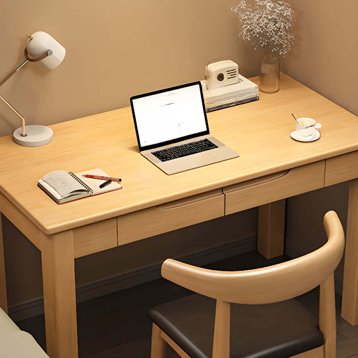 Compact Brown Wood Butcher Block Writing Desk with Drawers — Brown / Table Only
