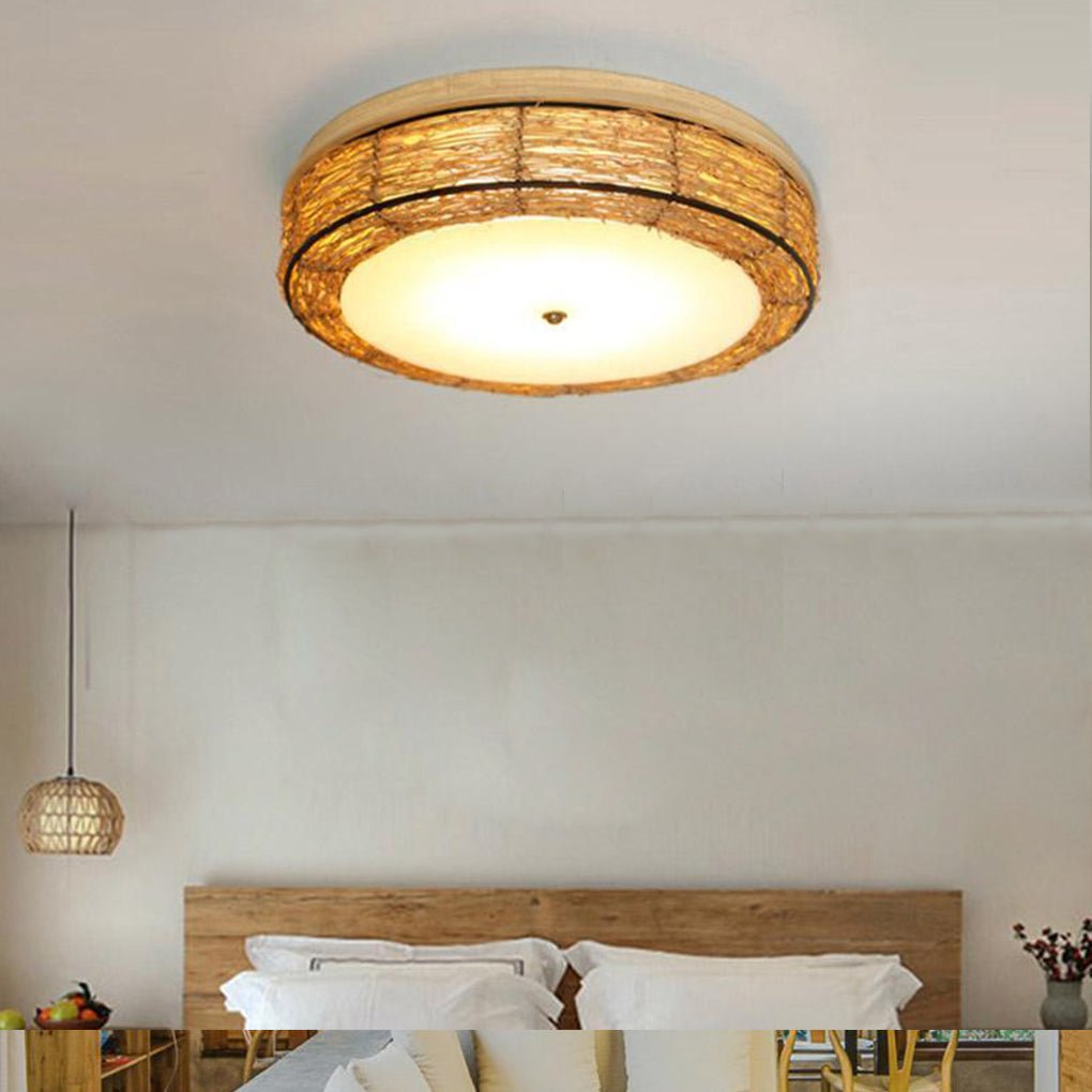 Rustic compact wicker natural flush mount lighting — 5" H x 17" Dia