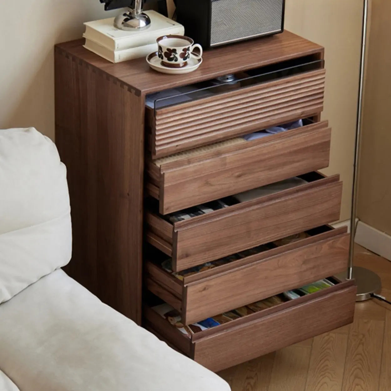 Compact Walnut Brown Vertical 5-Drawer Chest