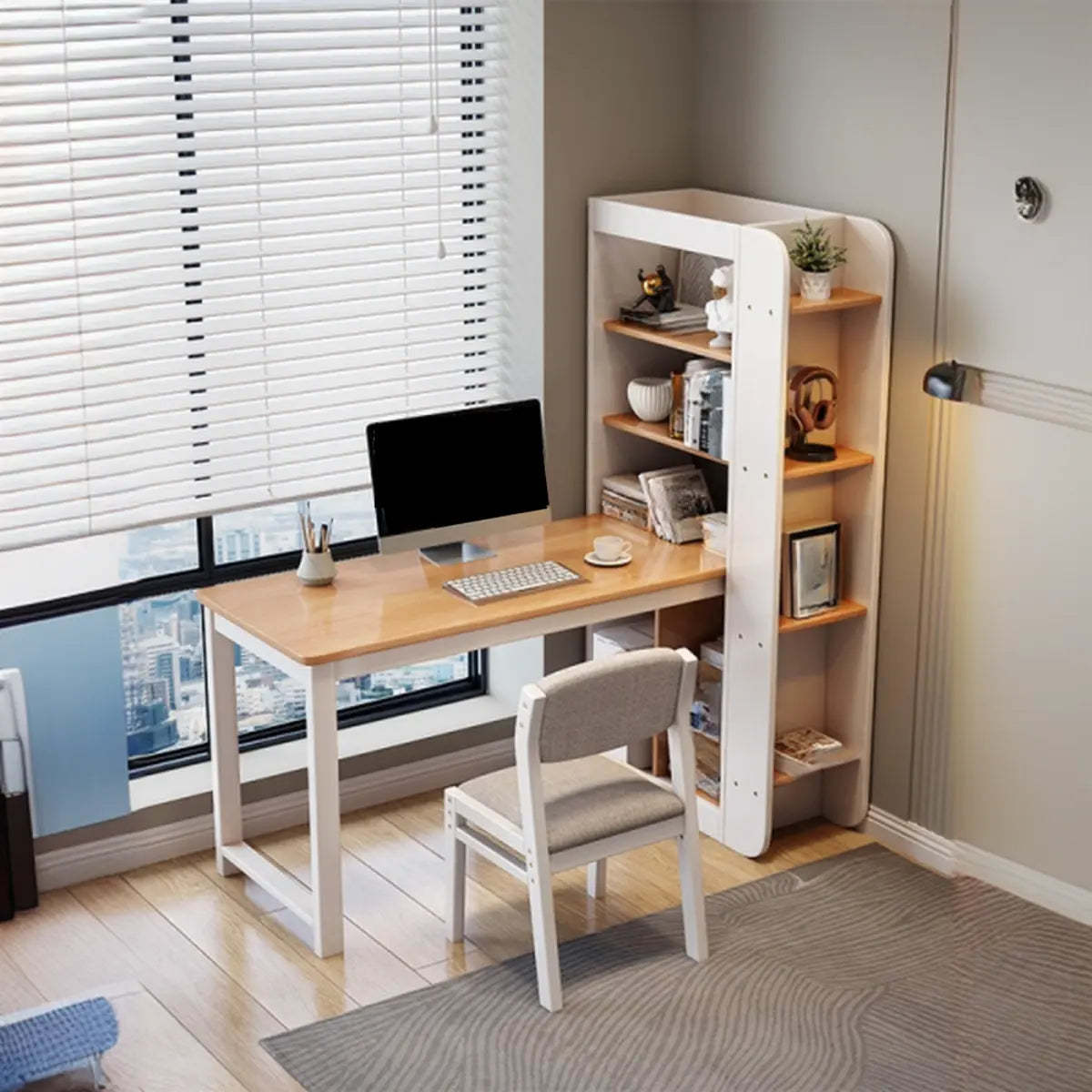 Compact Rectangular Wood Computer Desk with Shelf — Natural / Without Chairs