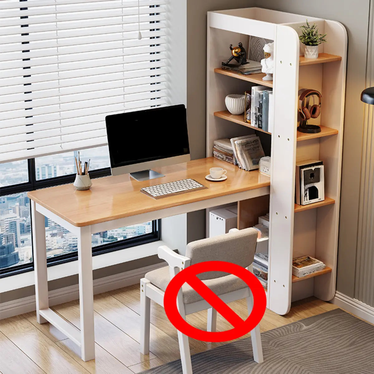 Compact Rectangular Wood Computer Desk with Shelf — White/ Wood / Without Chairs