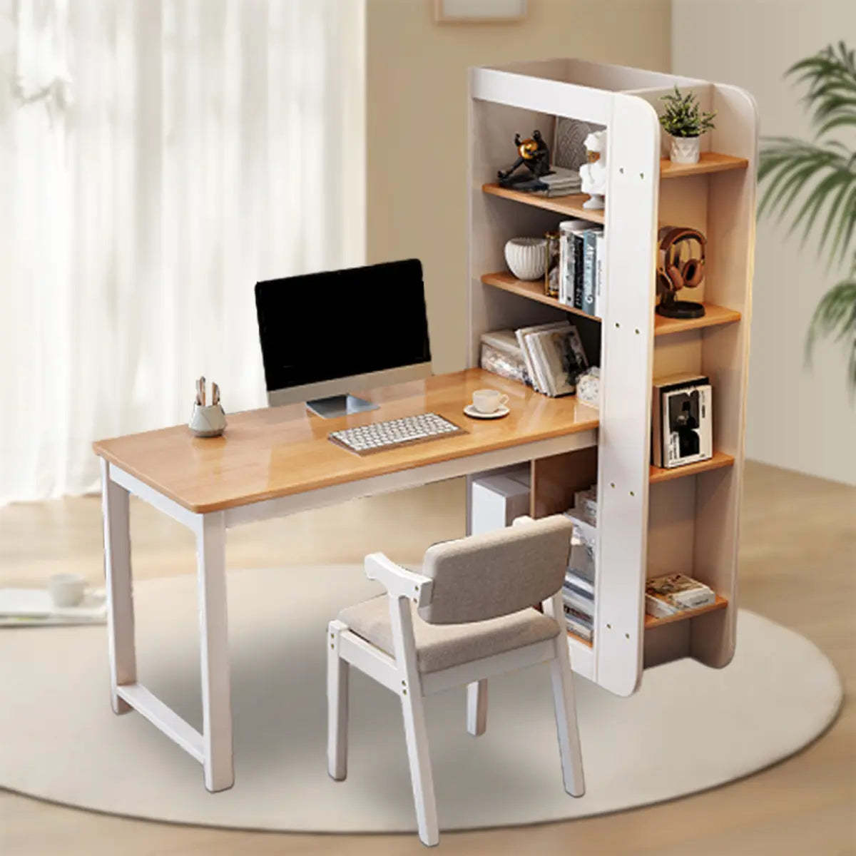 Compact Rectangular Wood Computer Desk with Shelf — White/ Wood / Without Chairs
