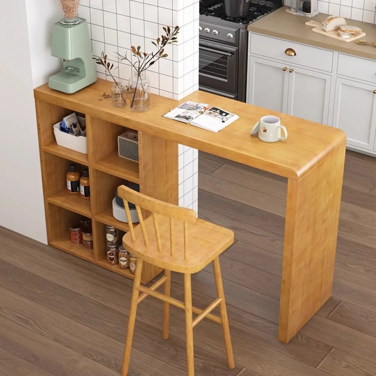 Compact Wood Breakfast Bar with Storage Shelves