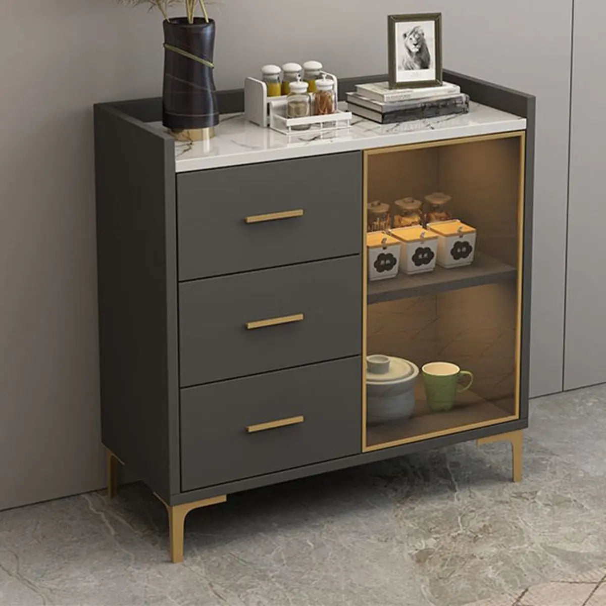 Composite Gray Wood Clear Door Buffet Table — White