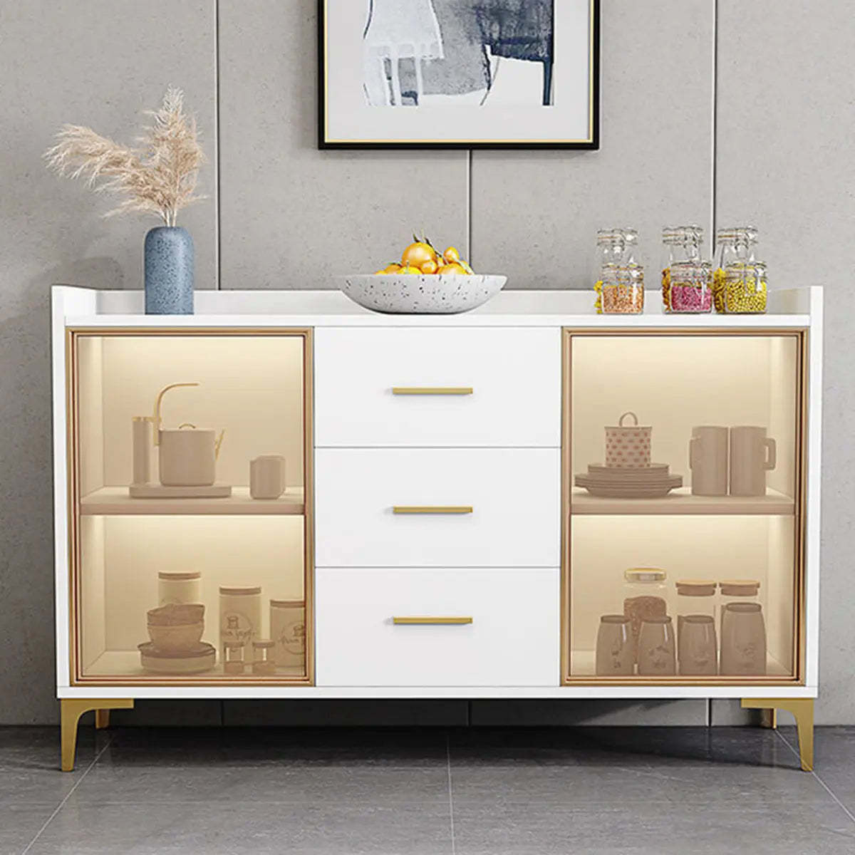 Composite Gray Wood Clear Door Buffet Table