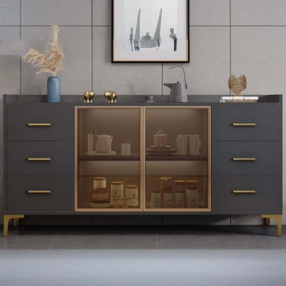 Gray wood clear composite display cabinets - modern — 63" L x 14" W x 35" H