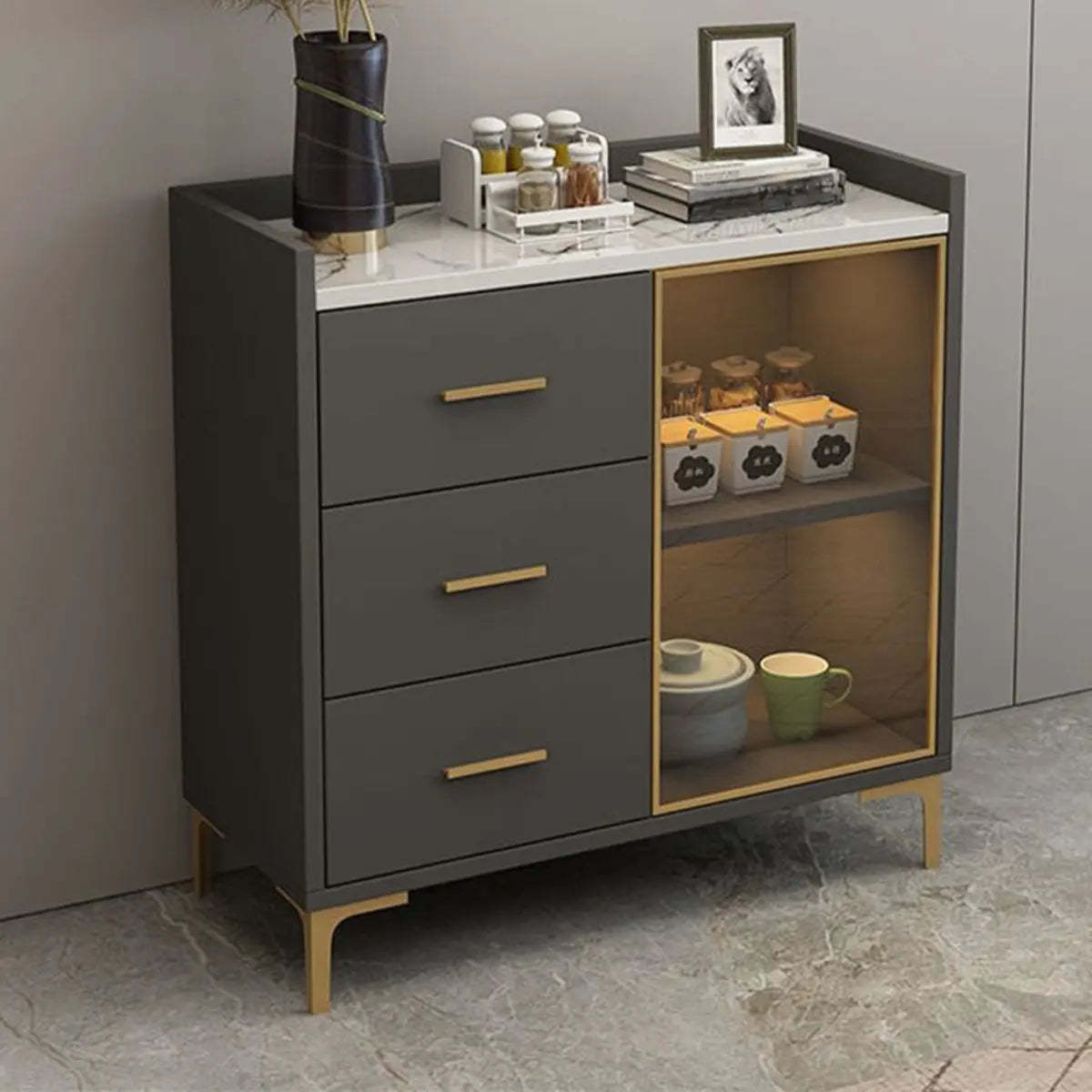 Composite Gray Wood Clear Door Buffet Table — White