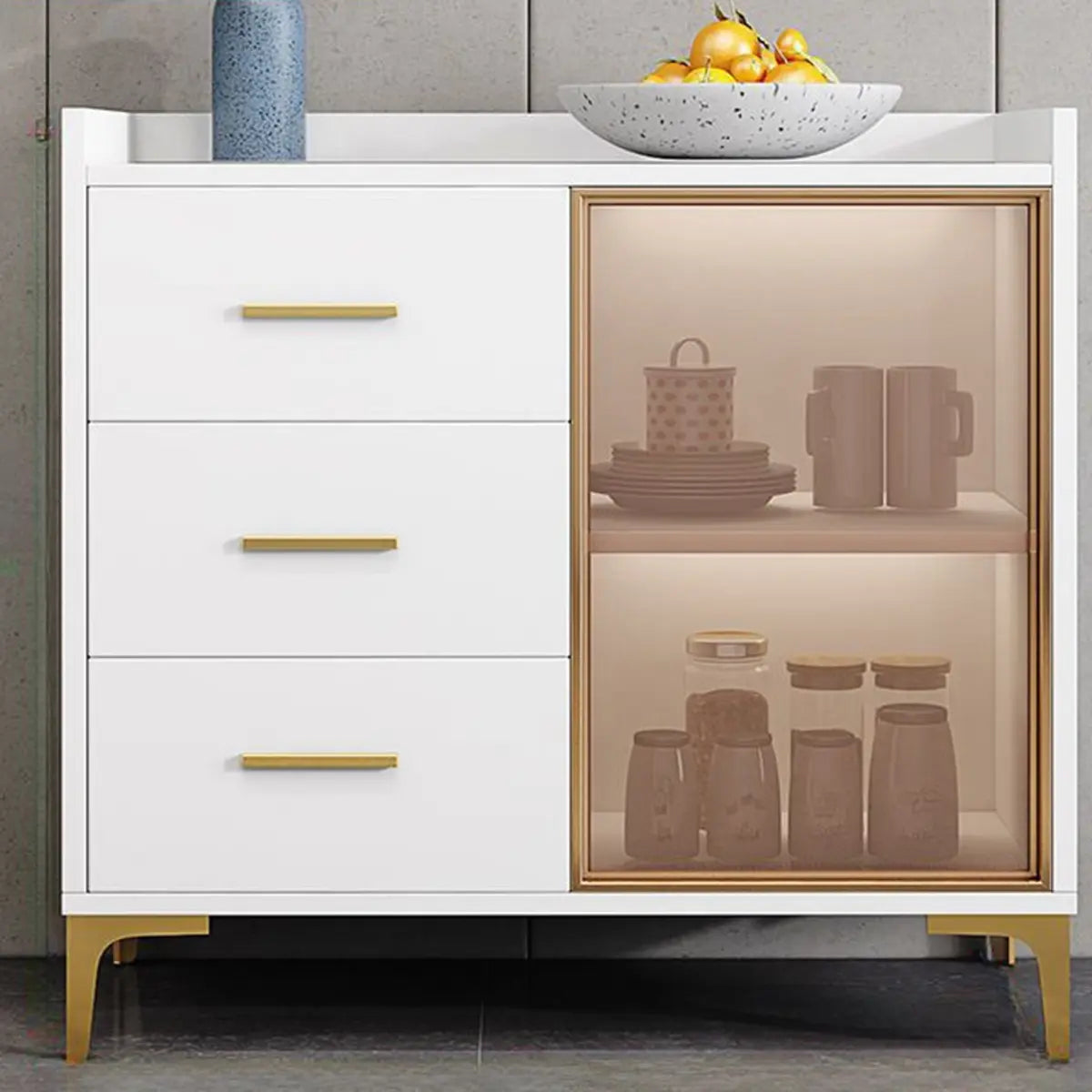 Composite Gray Wood Clear Door Buffet Table — White