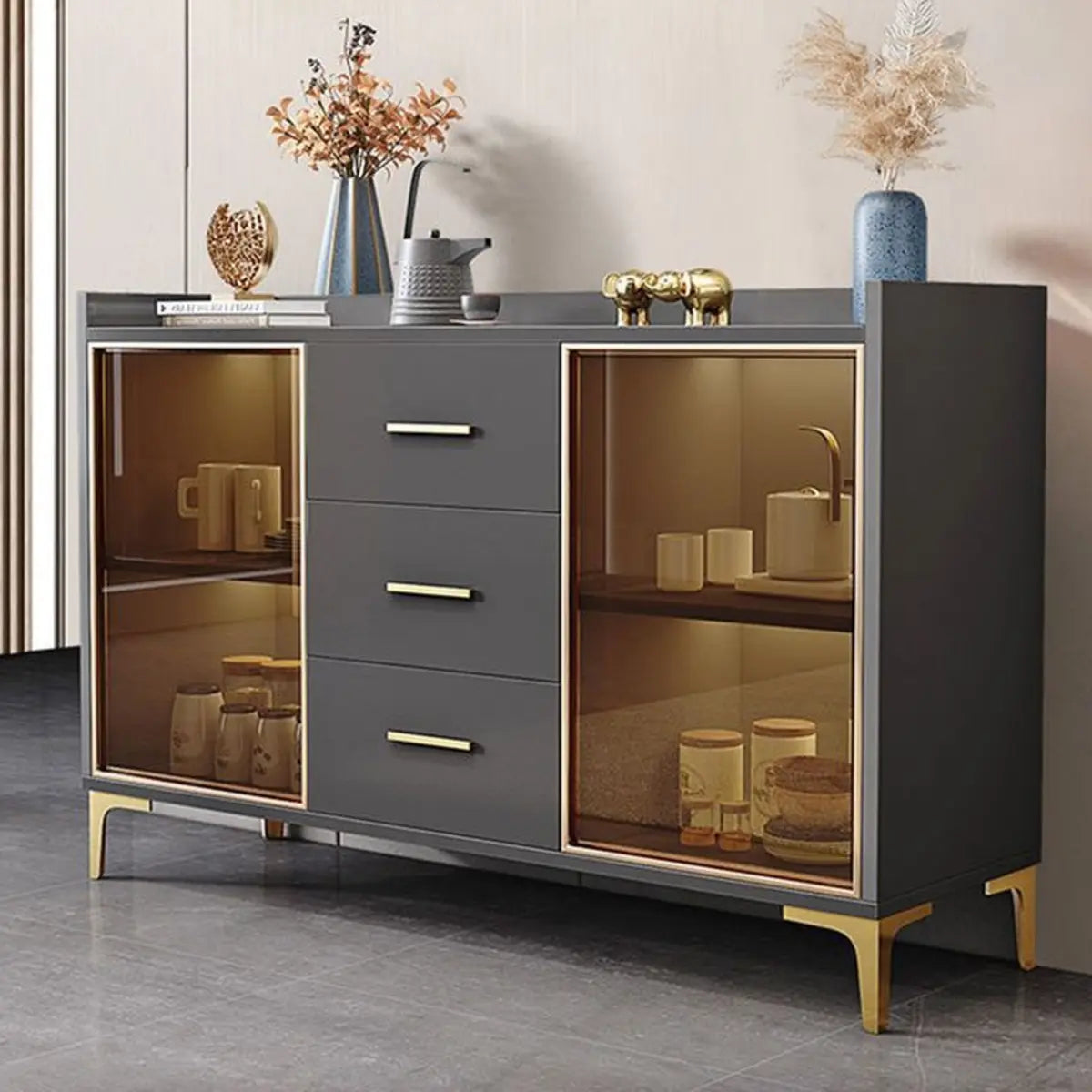 Composite Gray Wood Clear Door Buffet Table — Grey