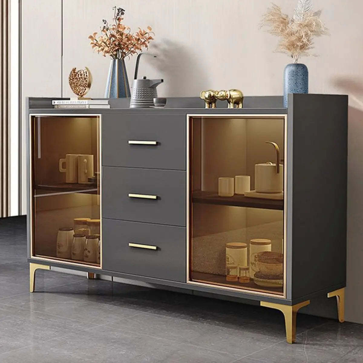 Composite Gray Wood Clear Door Buffet Table — Grey