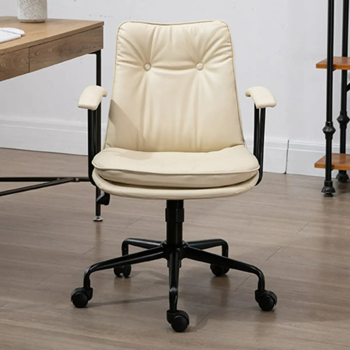 Contemporary Beige Leather Tufted Adjustable Office Chair