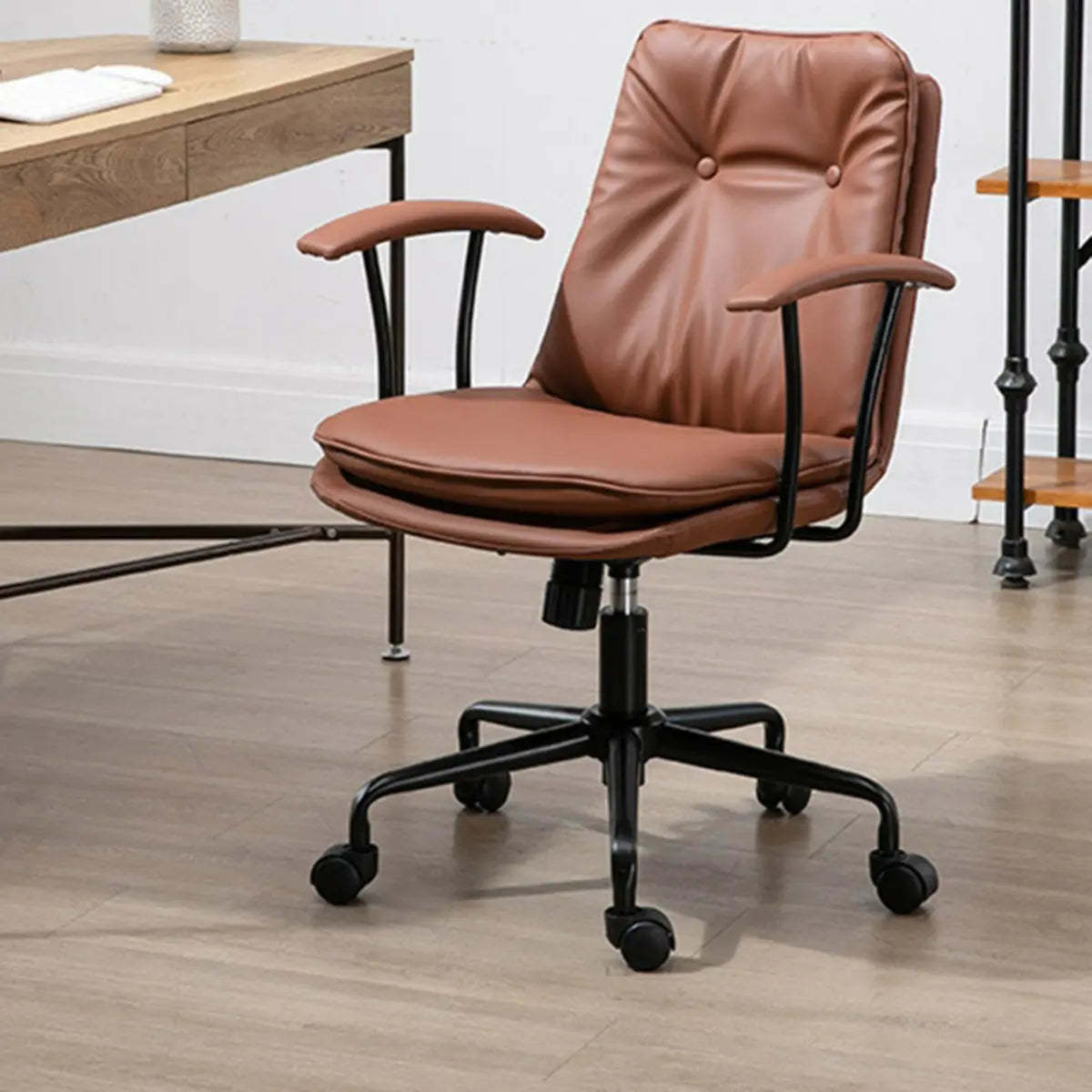 Contemporary Beige Leather Tufted Adjustable Office Chair