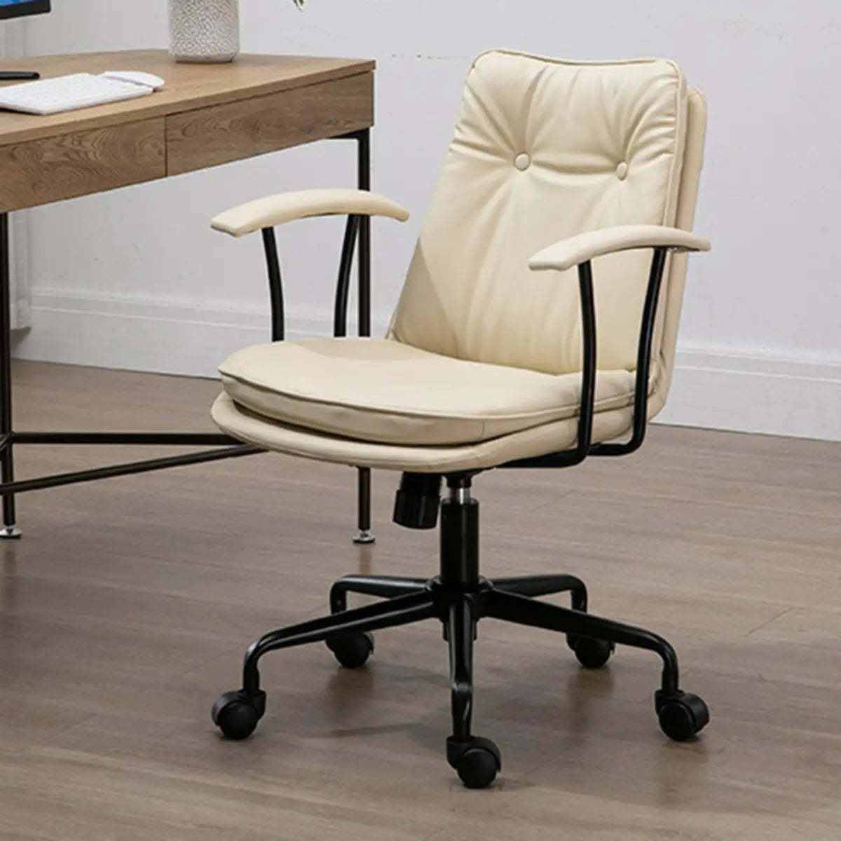 Contemporary Beige Leather Tufted Adjustable Office Chair