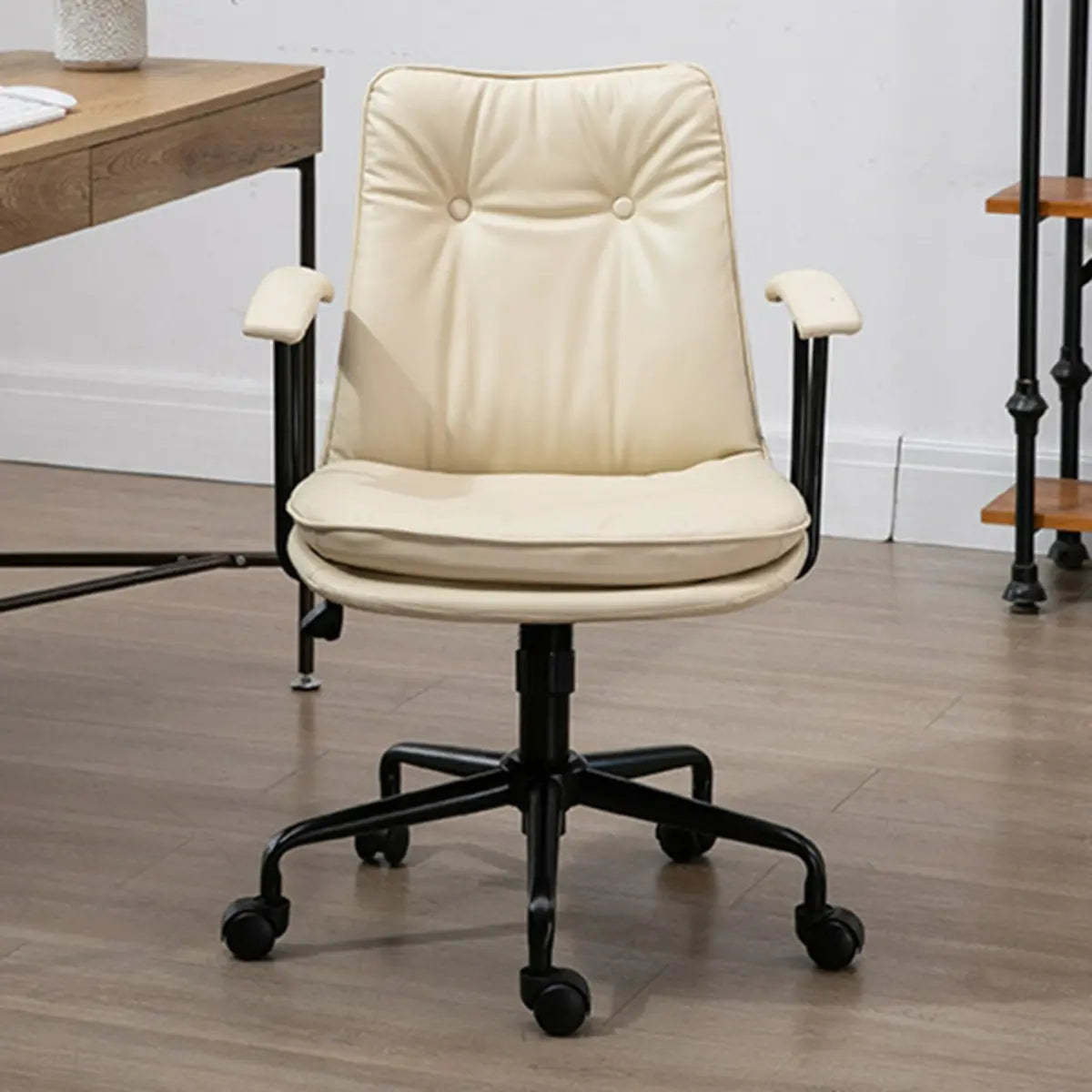 Contemporary Beige Leather Tufted Adjustable Office Chair — Army Green