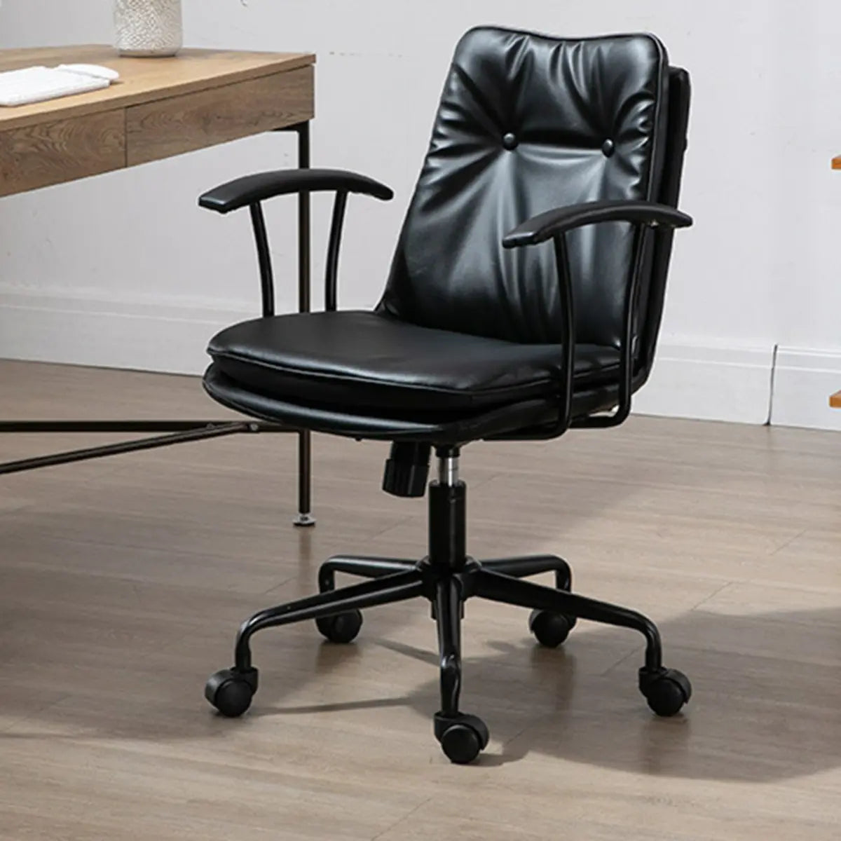 Contemporary Beige Leather Tufted Adjustable Office Chair — Black