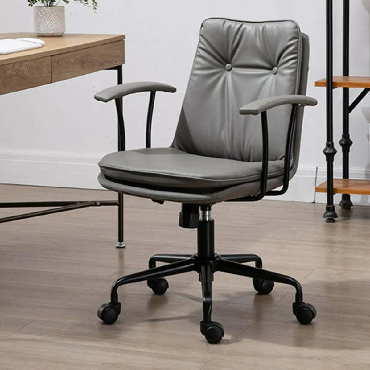 Contemporary Beige Leather Tufted Adjustable Office Chair — Dark Coffee
