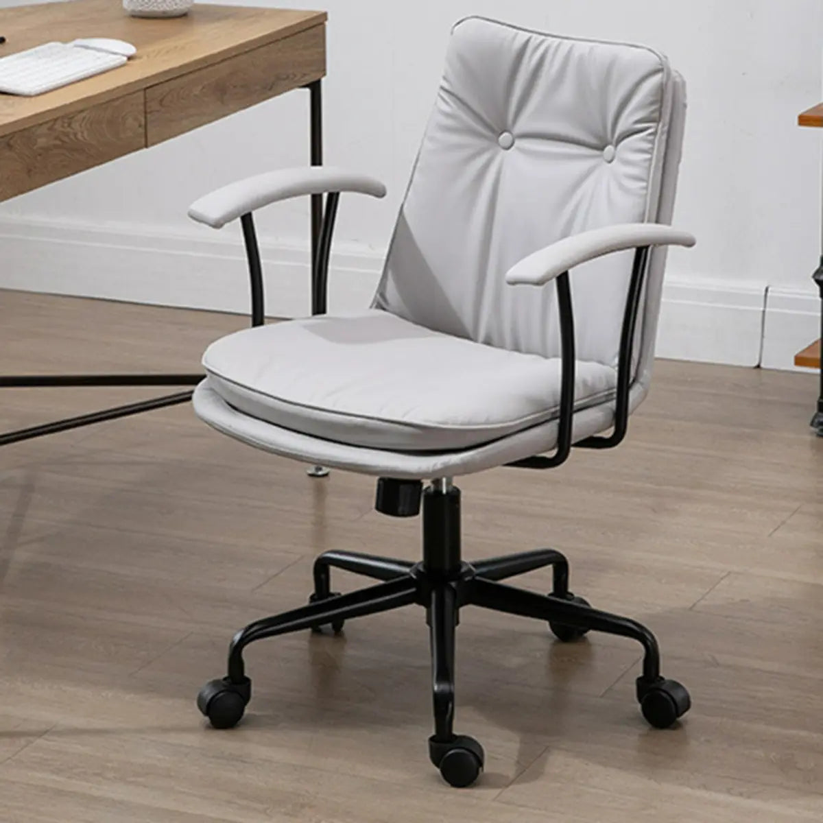 Contemporary Beige Leather Tufted Adjustable Office Chair — Light Coffee