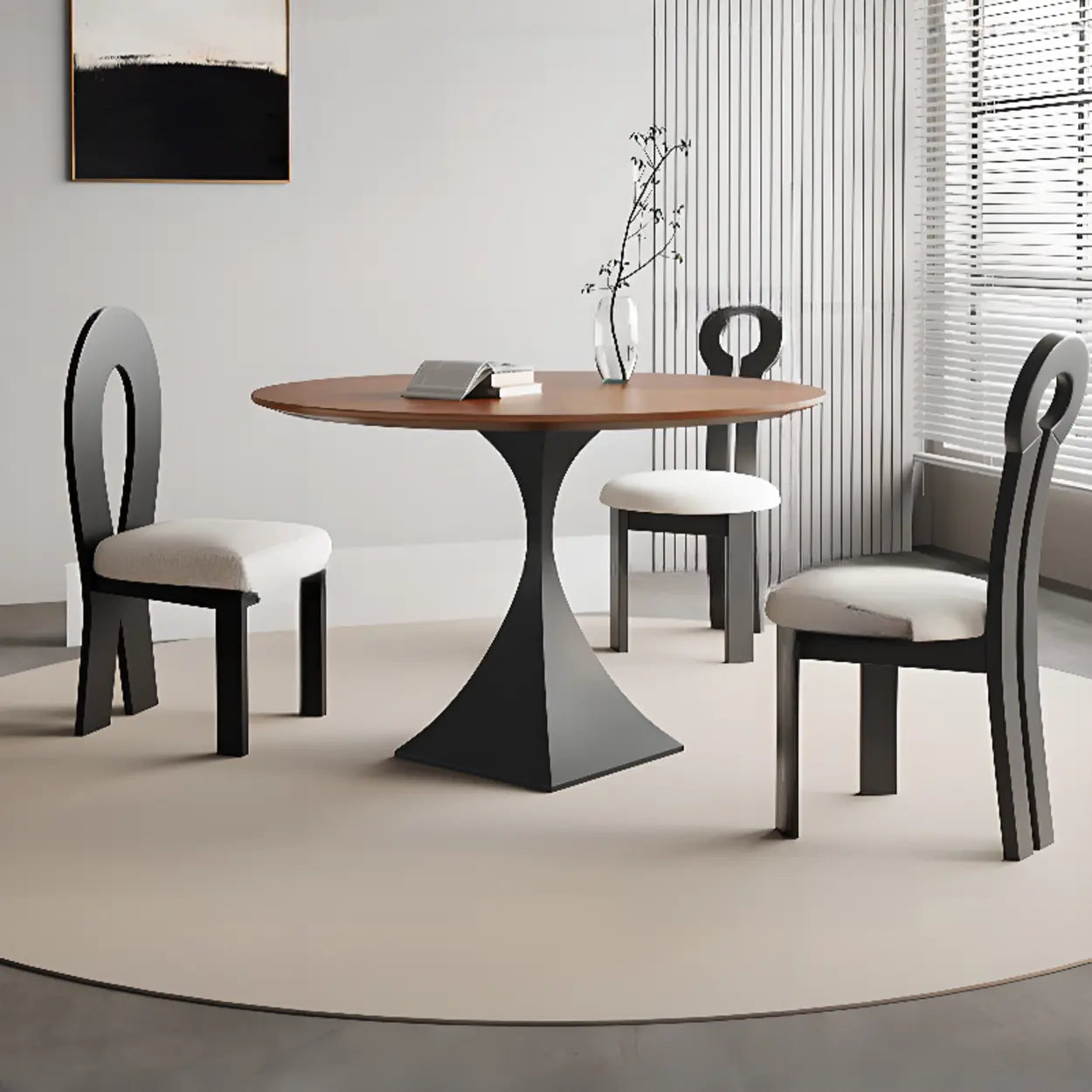 Contemporary Black Metal Wood Round Dining Table