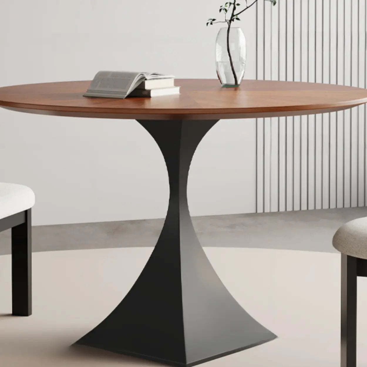 Contemporary Black Metal Wood Round Dining Table — Table Only