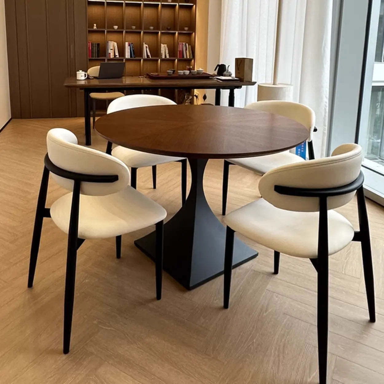Contemporary Black Metal Wood Round Dining Table — Table Only