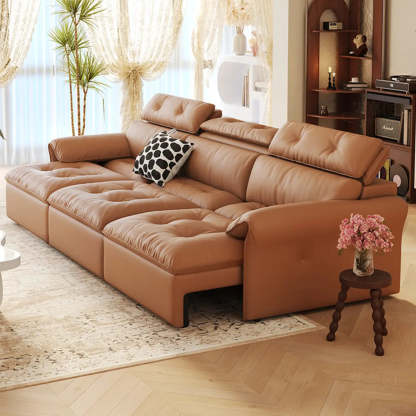 Contemporary Brown Genuine Leather Sleeper Sofa