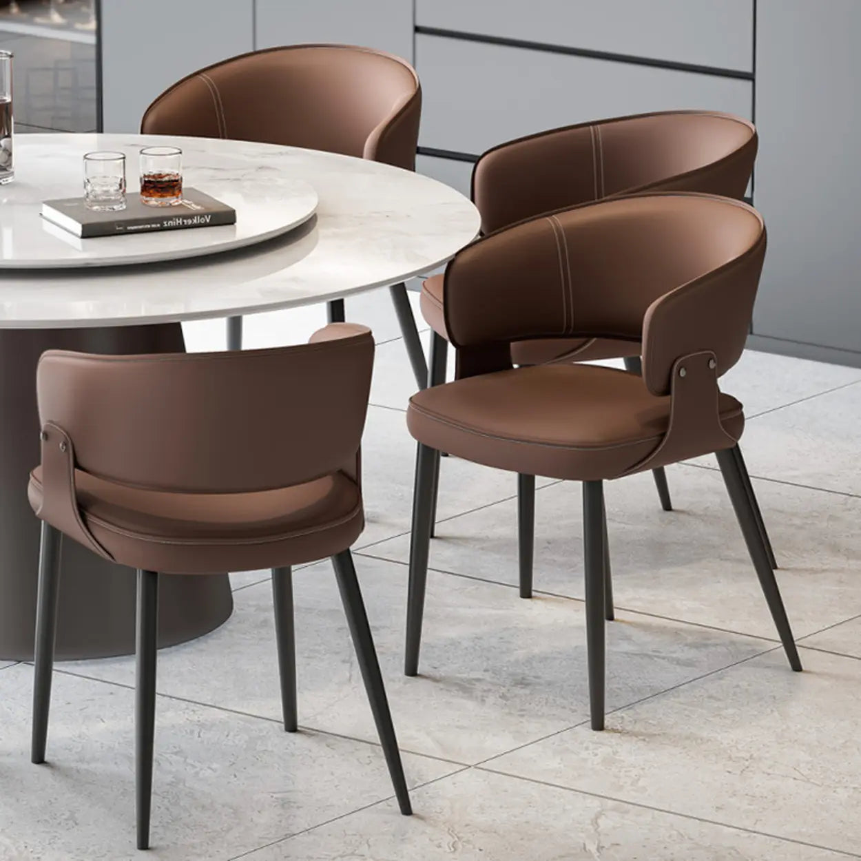 Contemporary Brown Leather Open Back Dining Chair