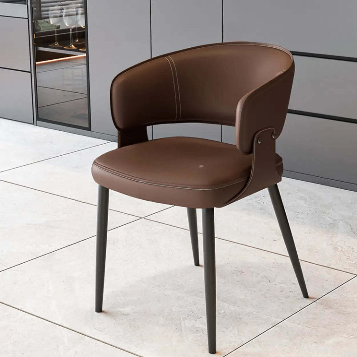 Contemporary Brown Leather Open Back Dining Chair — Brown
