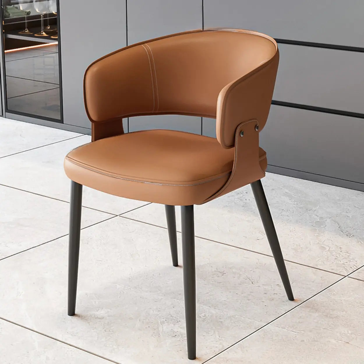 Contemporary Brown Leather Open Back Dining Chair — Beige