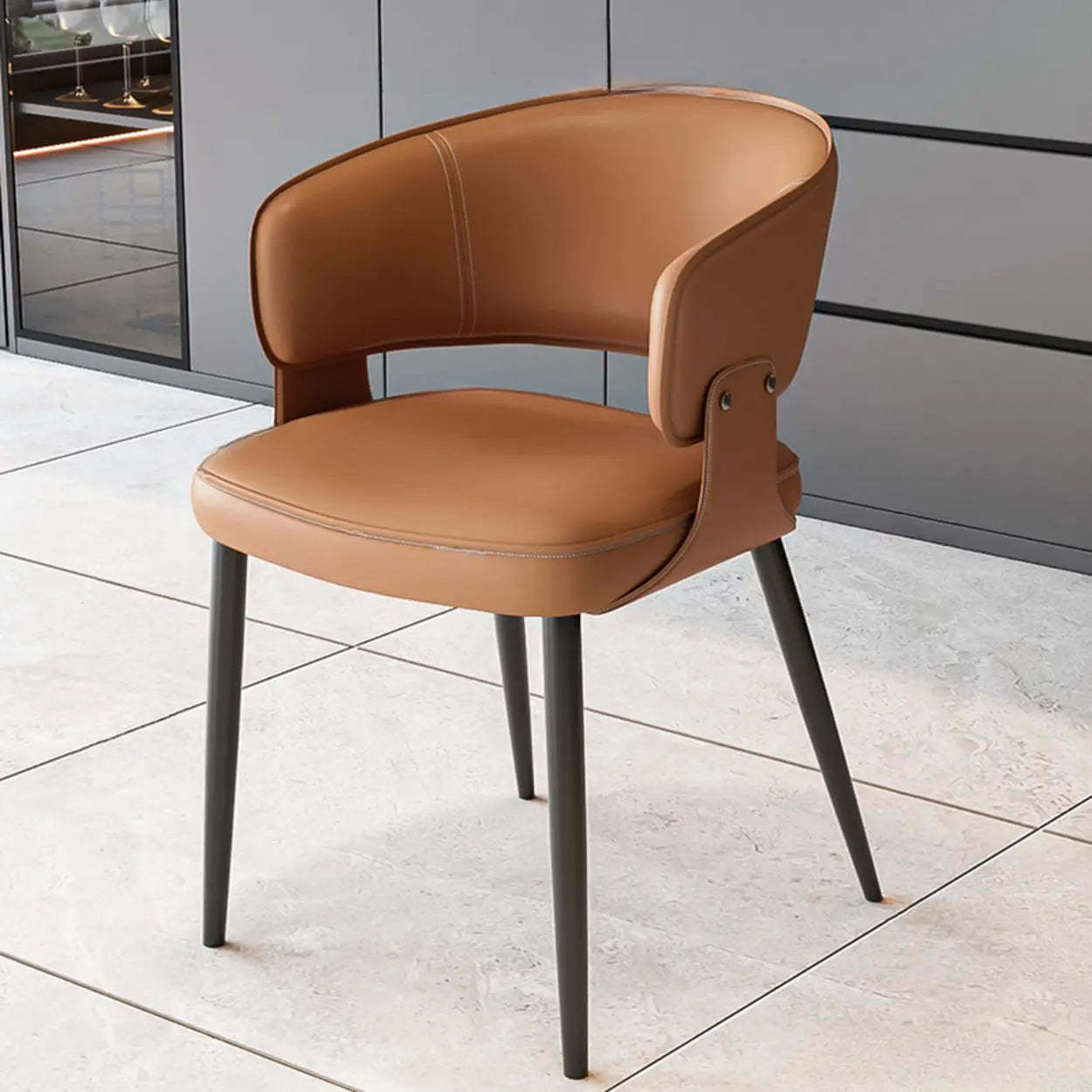 Contemporary Brown Leather Open Back Dining Chair — Beige