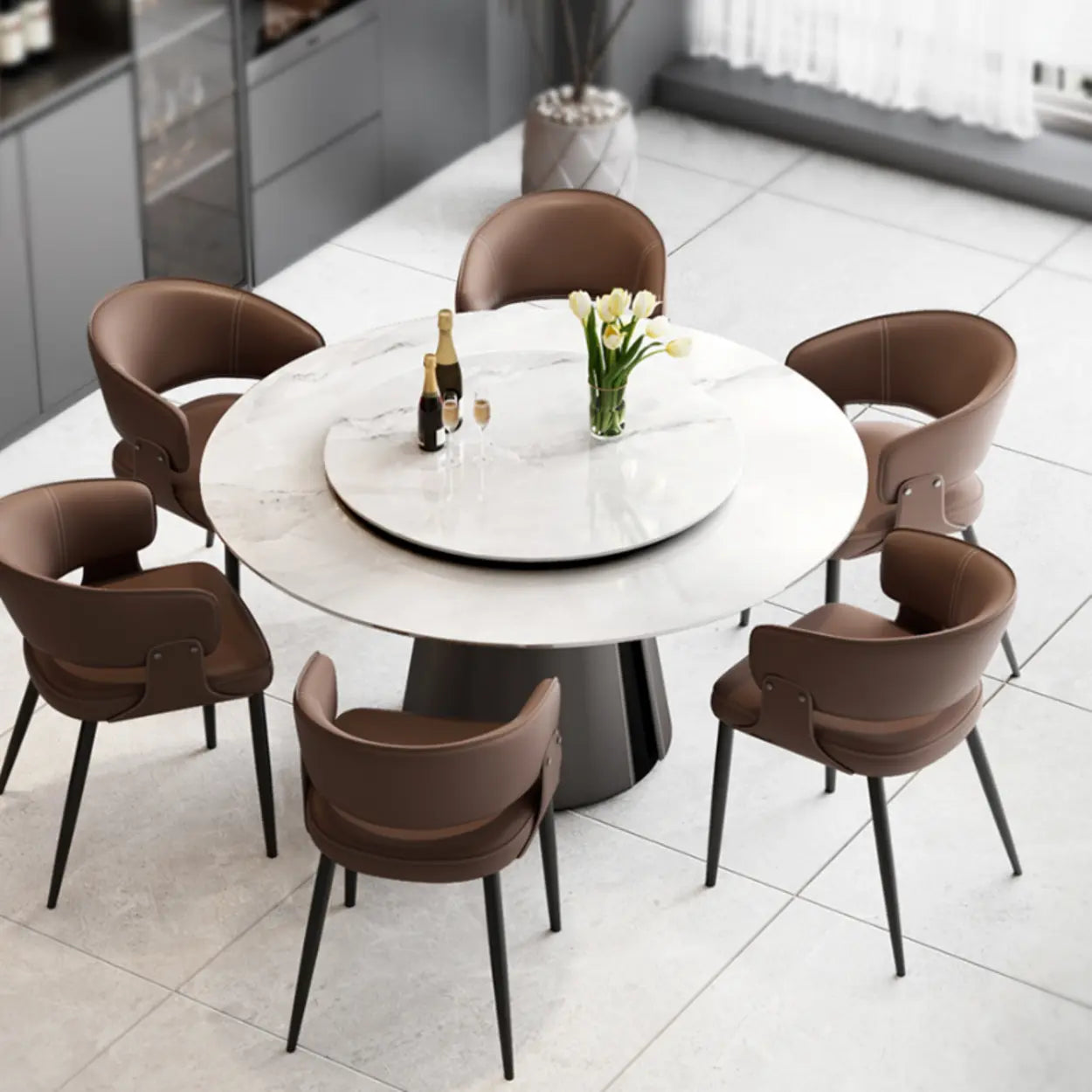 Contemporary Brown Leather Open Back Dining Chair — Dark Purple