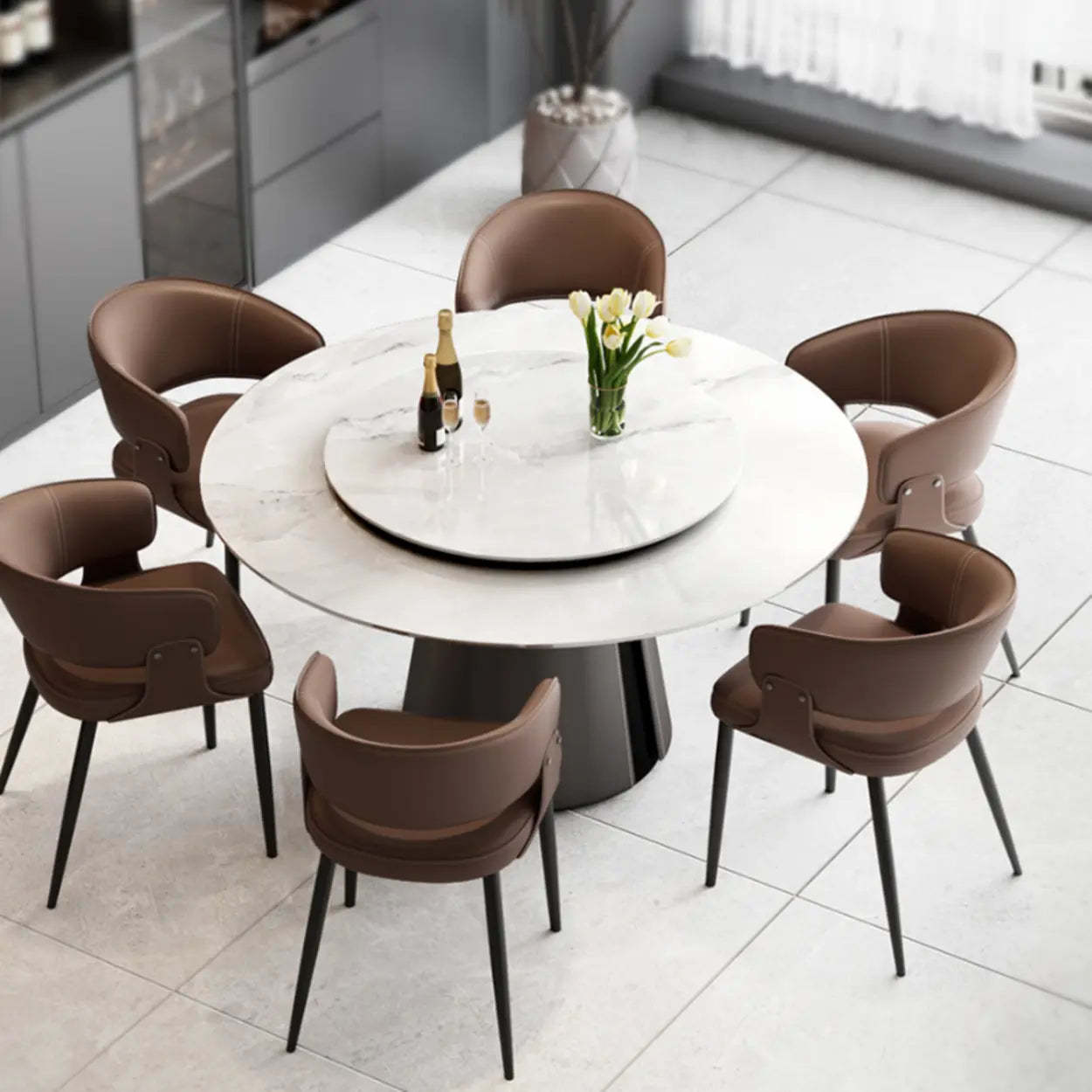 Contemporary Brown Leather Open Back Dining Chair — Dark Purple