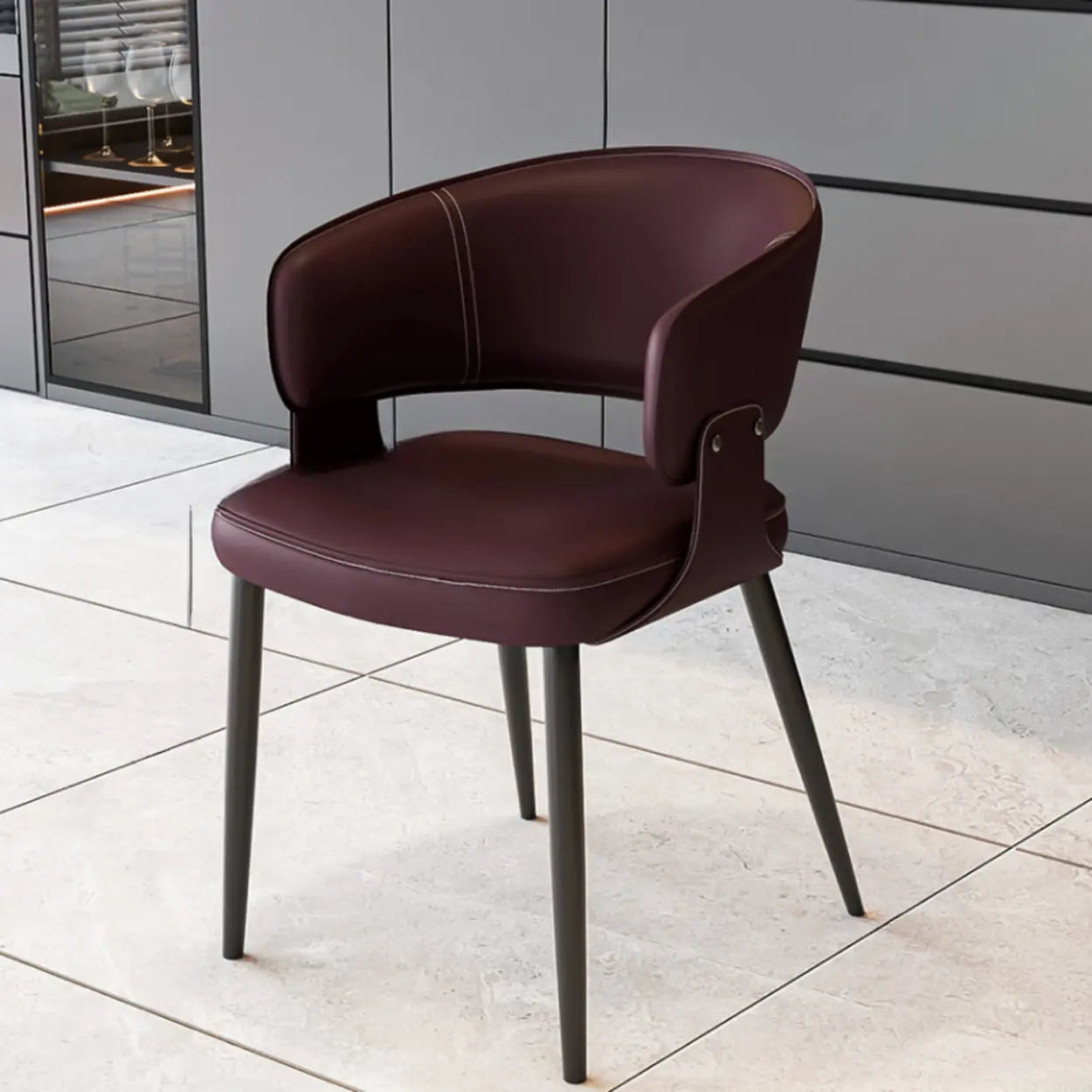 Contemporary Brown Leather Open Back Dining Chair — Coffee