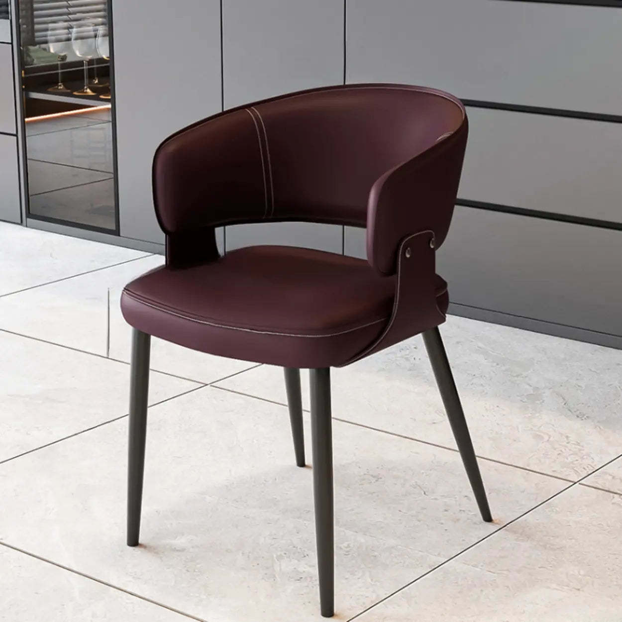 Contemporary Brown Leather Open Back Dining Chair — Coffee