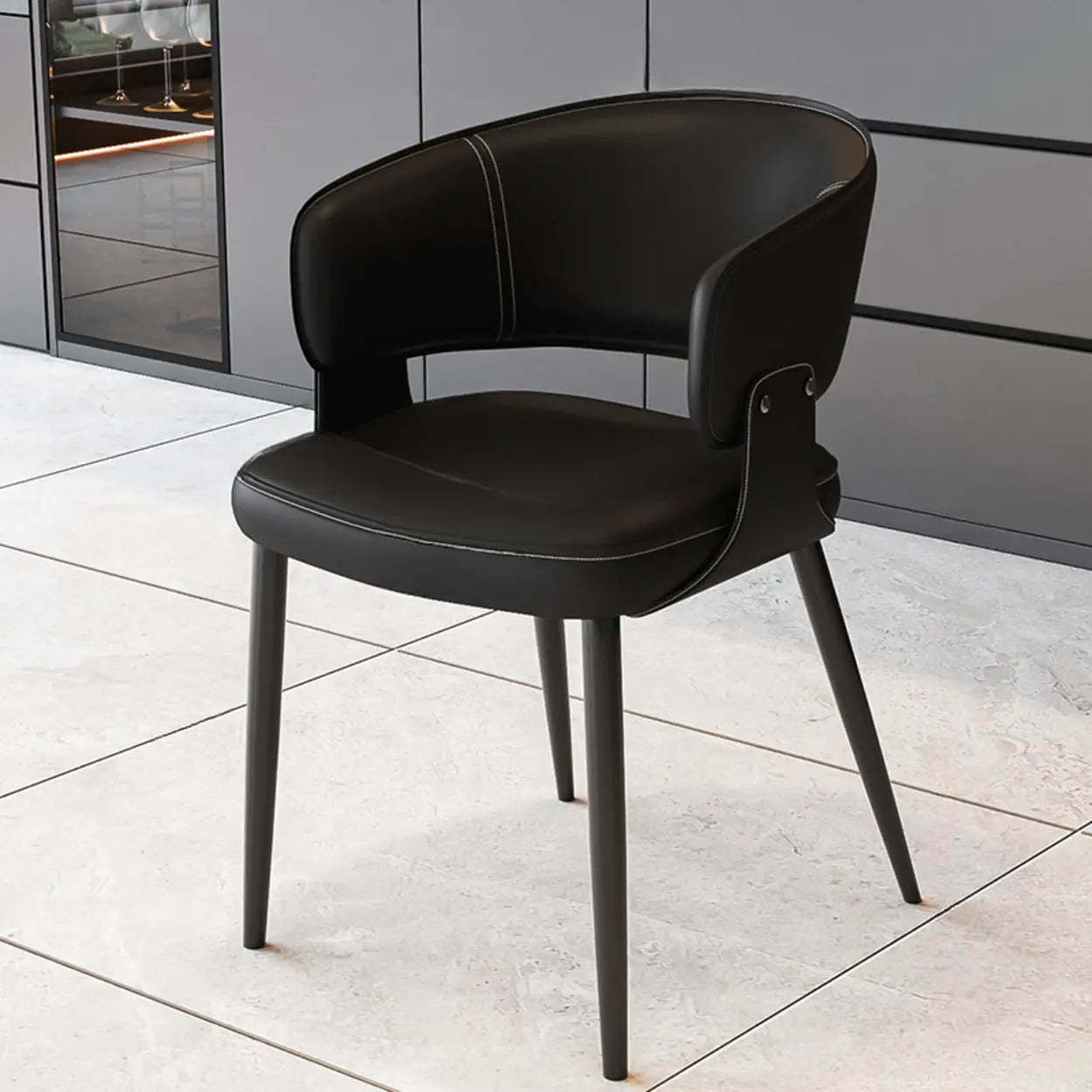 Modern back open black leather dining chairs & benches