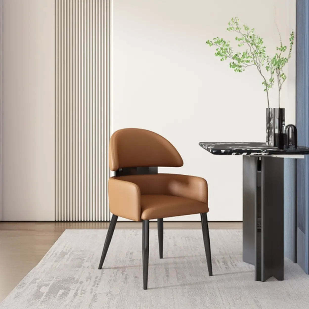 Contemporary Brown Leather Armrest Dining Chair — Black