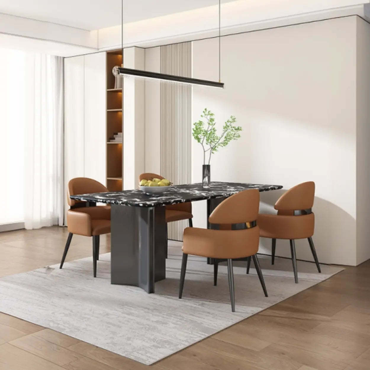 Contemporary Brown Leather Armrest Dining Chair — Light Brown