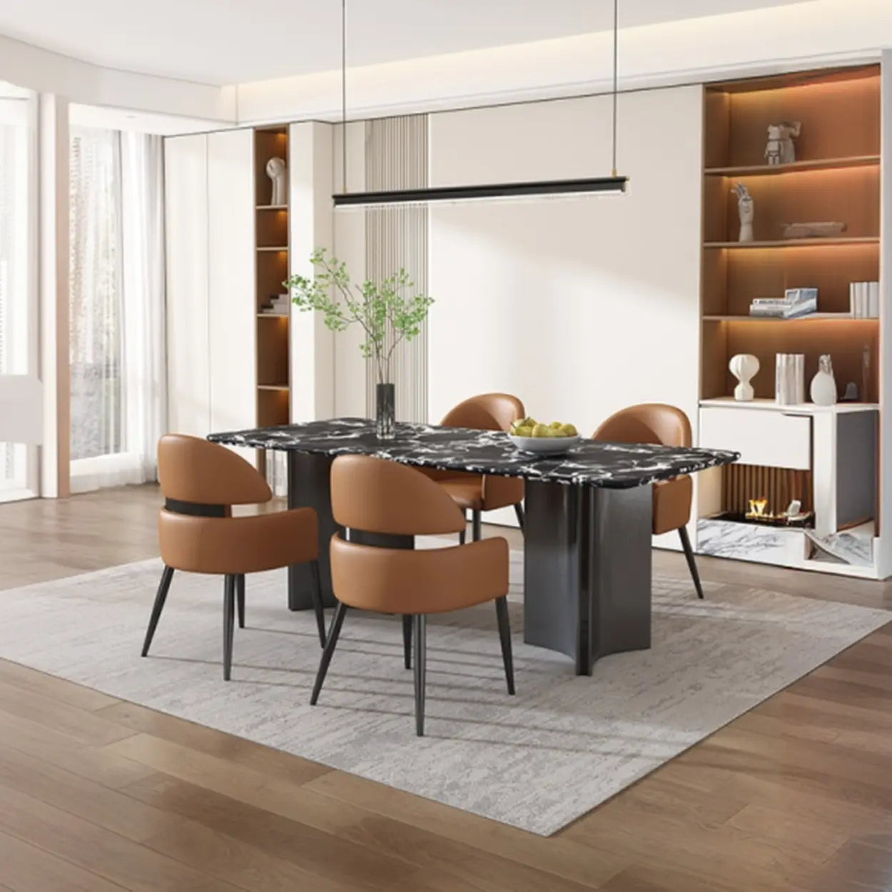 Contemporary Brown Leather Armrest Dining Chair