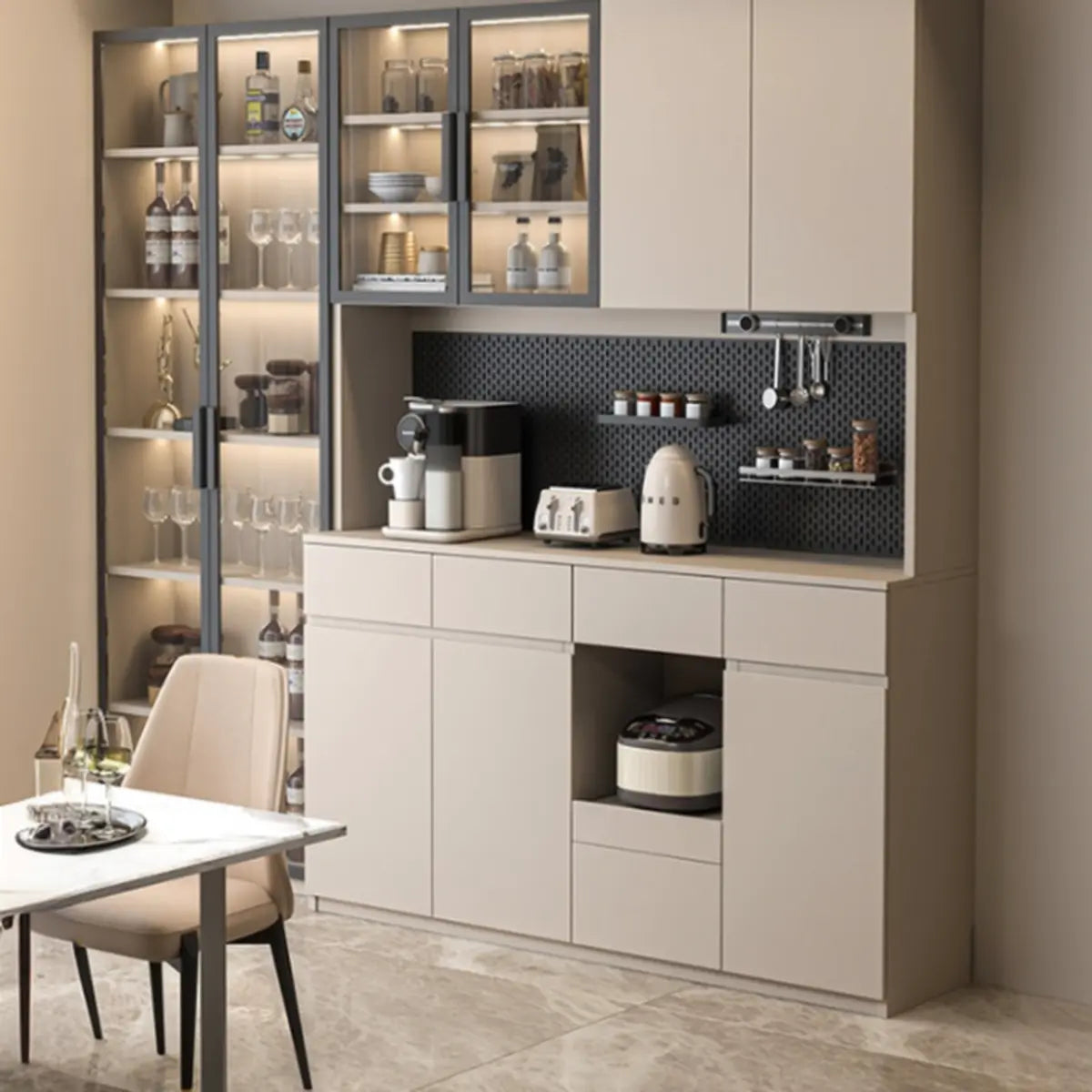 Contemporary Dove Gray Wood Large Open Sideboard
