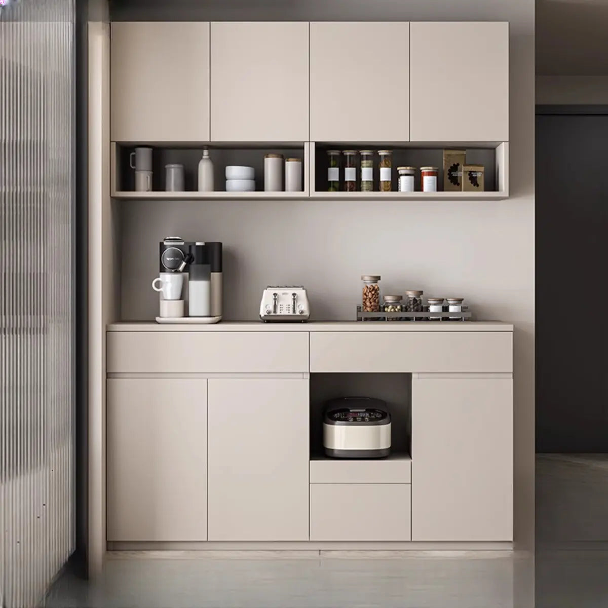 Contemporary Dove Gray Wood Large Open Sideboard