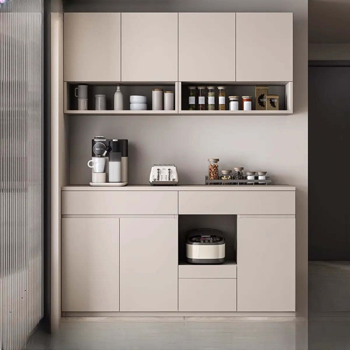 Contemporary Dove Gray Wood Large Open Sideboard