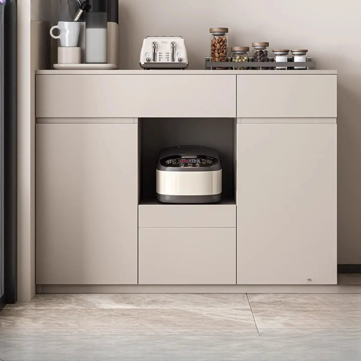 Contemporary Dove Gray Wood Large Open Sideboard