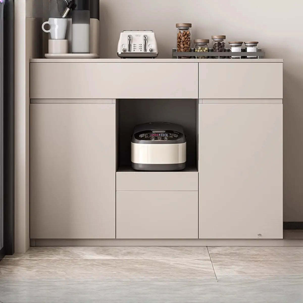 Contemporary Dove Gray Wood Large Open Sideboard