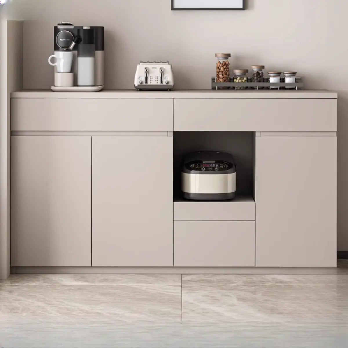 Contemporary Dove Gray Wood Large Open Sideboard