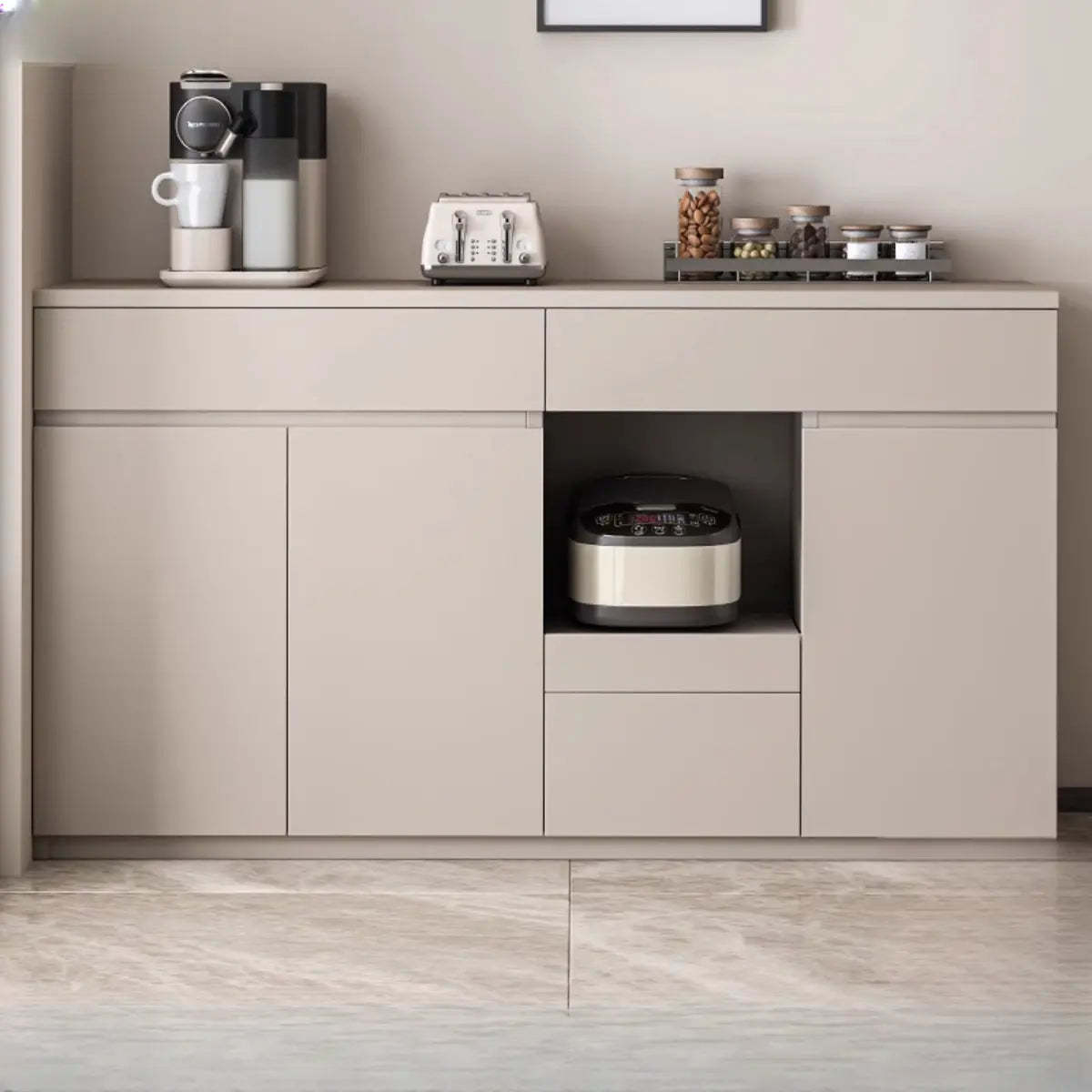 Contemporary Dove Gray Wood Large Open Sideboard