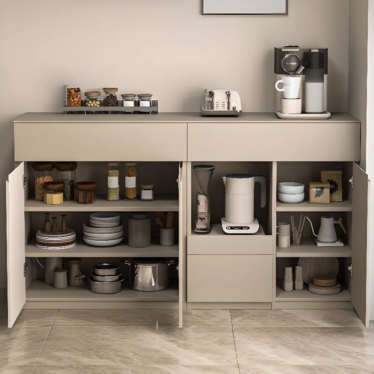 Contemporary Dove Gray Wood Large Open Sideboard