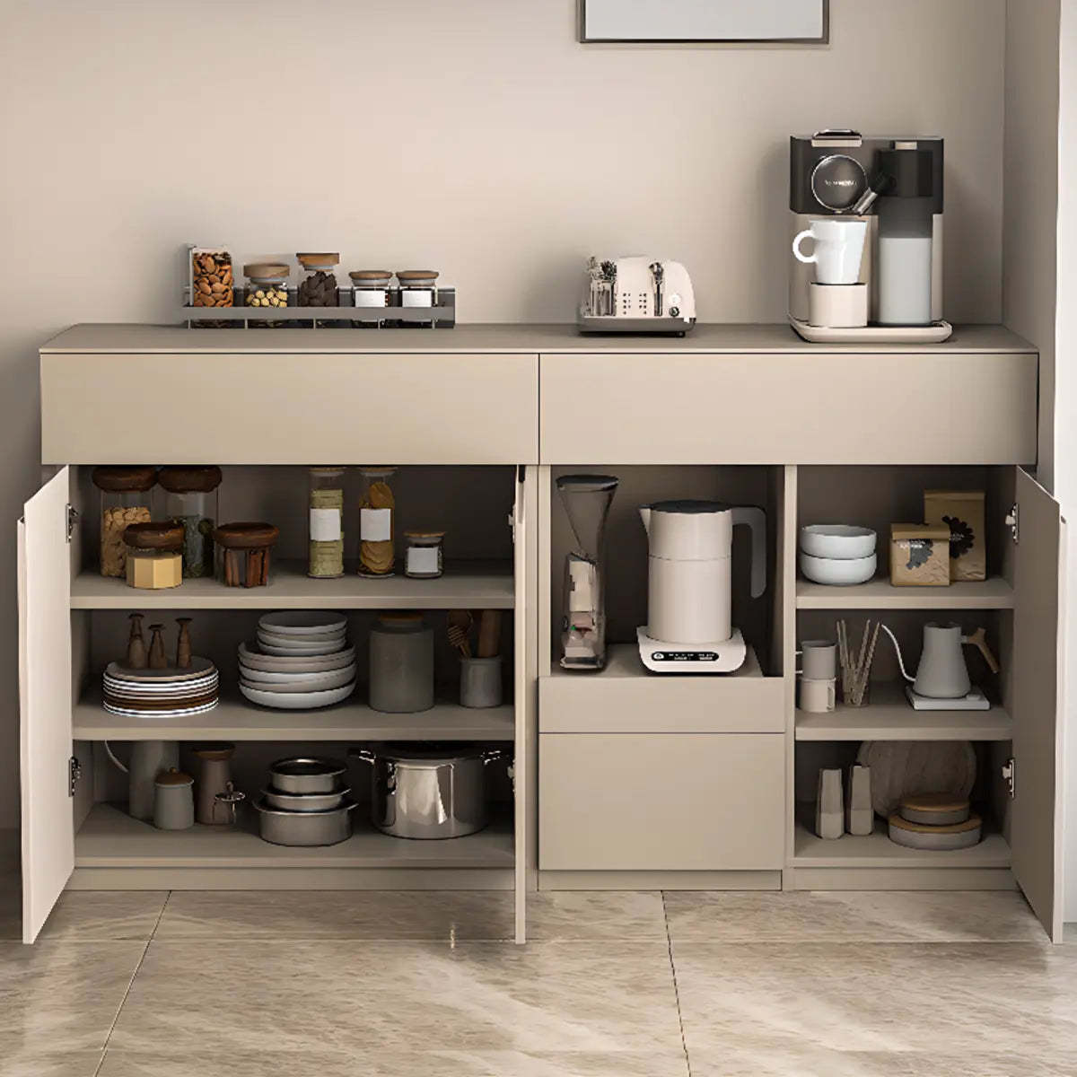 Contemporary Dove Gray Wood Large Open Sideboard