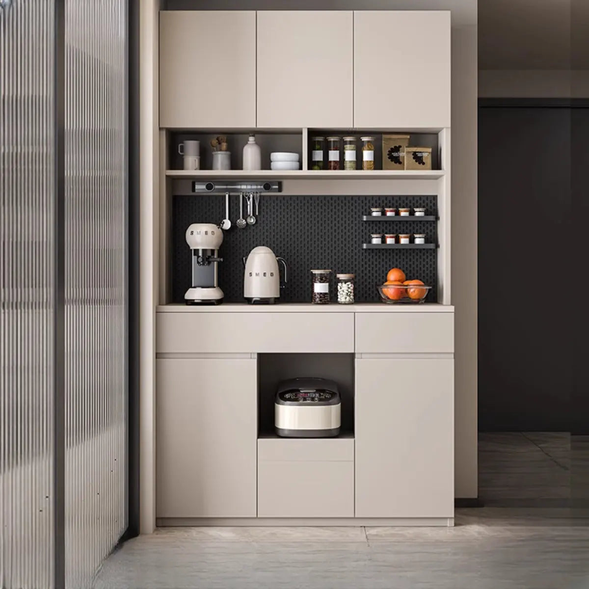 Contemporary Dove Gray Wood Large Open Sideboard